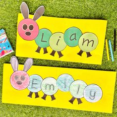 two children's crafts with the words llama and an image of a caterpillar