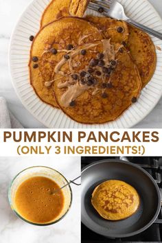 pumpkin pancakes with chocolate chips on top and cinnamon butter in the middle are shown here