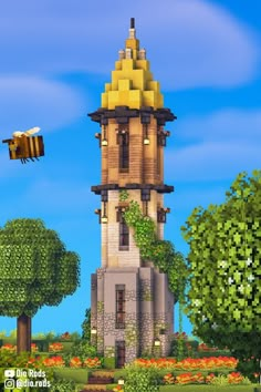 an image of a tower with trees and flowers in the background that looks like minecraft