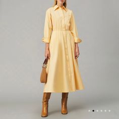 Tory Burch Eleanor Cotton Poplin Shirtdress! - Dark Vanilla Custard Color - Size 10 - Midi Length - Nwot/Never Worn! - Beautiful Dress! Elegant Yellow Dresses With Buttons, Elegant Yellow Shirt Dress For Work, Collared Yellow Dress For Work, Yellow Midi Shirt Dress For Work, Yellow Long Sleeve, Tory Burch Dress, Vanilla Custard, Shirtdress, Custard