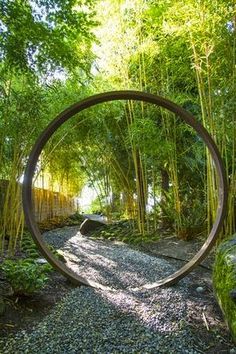 a circular metal object in the middle of a garden with bamboo trees and rocks around it