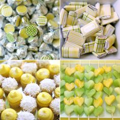 four different pictures with yellow and green candies, candy bars, and cupcakes