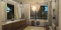 a bathroom with a tub, sink and large windows