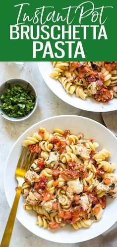 two white plates filled with pasta covered in meat and sauces next to a bowl of pesto