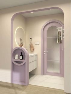 the interior of a bathroom with an arched door and purple shelves on the wall next to the sink