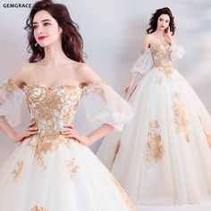 Wedding Dress Off Shoulder, White Ball Gown, Ball Gown Princess, Gold Wedding Gowns, Elegant Bridal Dress, White Ball Gowns, Western Wedding Dresses, Gown Princess, Gold Wedding Dress