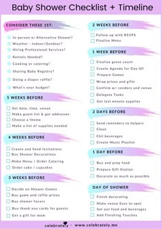 a baby shower checklist with the words, baby shower checklist and time line