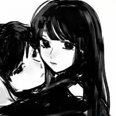 black and white drawing of two people hugging each other with their eyes closed, one woman has her head on the back of the man's shoulder