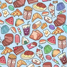 a lot of food that is on a blue background