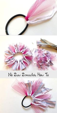 three different pictures showing how to sew scrunchie hair ties with scissors