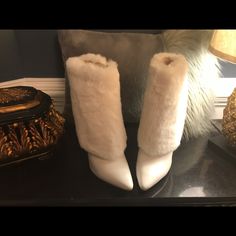 Fur Leather Boots With Stiletto Heels. Several Sizes Available . Brand New White Winter Boots For Evening, White Boots For Evening In Winter, White Winter Evening Boots, Designer Winter Heels With Pointed Toe, White Fur Boots, White Fur, White Boots, Fur Boots, Leather Boots