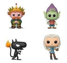 four different pop vinyl figures, one with an evil man and the other with a demon