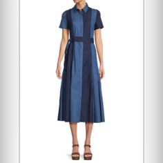 Akris Punto Striped Denim Midaxi A Line Dress Akris Punto's Dress Is Designed To Highlight The Contrast Between Mid-Wash And Dark-Wash Denim. Cut From A Soft Lining And Non-Stretch Fabric, It Comes In An A-Line Silhouette With A Belt And A Classic Collar. Wear Yours With Knee Boots And A Sweater. Spread Collar Short Sleeves Front Buttons Detachable Belt Lining: Cupro Cotton Dry Clean Imported A-Line Silhouette About 47” From Shoulder To Hem New Without Tag One Of The Buttons Isn’t Able To Get Bu Striped Denim, Akris Punto, Line Dress, Dark Wash Denim, Fabric Covered, Knee Boots, A Line Dress, Stretch Fabric, Colorful Dresses