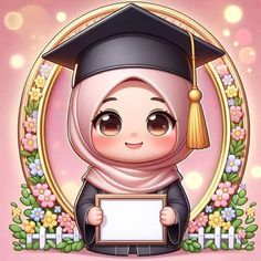 a cartoon character wearing a graduation cap and gown holding a white board in front of a pink background