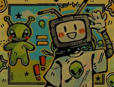 an image of a cartoon character holding up a tv screen with two alien characters in the background