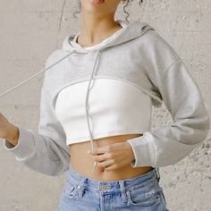 Ultra Cropped Sweatshirt - Heather Gray Sporty Gray Tops With Patchwork, Sporty Gray Patchwork Top, Cotton Tops With Splicing For Fall, Cotton Top With Splicing For Fall, Fall Streetwear Tops With Splicing Details, Fall Streetwear Tops With Splicing, Gray Top With Splicing For Spring, Gray Spliced Top For Spring, Sporty Tops With Splicing For Spring