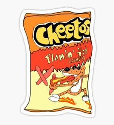 a bag of cheetos sitting on top of a white tablecloth sticker