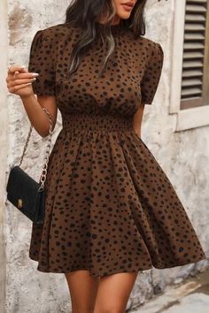 Leopard Print Shirred Waist Dress, Elegant Short Sleeve Mock Neck Dress Brown Short Sleeve Mini Dress For Fall, Brown Mini Dress With Short Sleeves For Fall, Trendy Short Sleeve Dresses For Fall, Fit And Flare Short Sleeve Fall Dress, Fit And Flare Short Sleeve Dress For Fall, Casual Short Sleeve Mini Dress For Fall, Fall Fit And Flare Dress With Short Sleeves, Trendy Brown Knee-length Mini Dress, Short Sleeve Stretch Dress For Fall