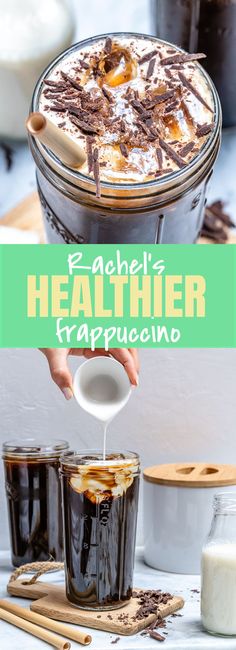 a person is pouring some liquid into a bowl with food in it and the words, rachel's healthier trappucinono