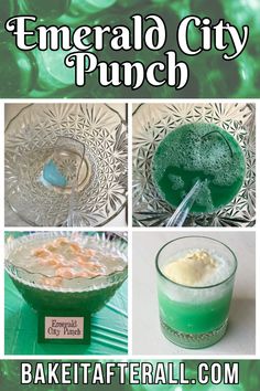 the emerald city punch recipe for st patrick's day is shown in four different pictures