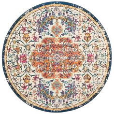 a round rug with an orange, blue and white design on the middle of it