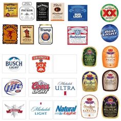 several different types of beer labels on a white background, including one for the bud light