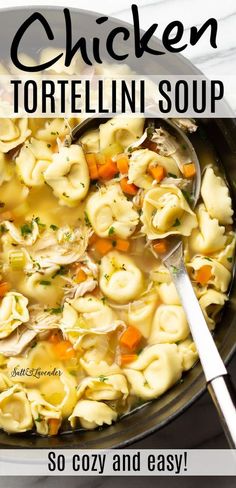 chicken tortellini soup in a skillet with a spoon and title overlay