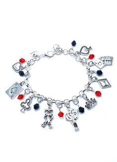 New. This Bracelet makes a perfect gift  has 11 Card Player themed Charms include Luck, Heart, Ace Card, Clubs, clown, Dealers, Hand Holding Cards, Queens Crown, Diamond, Flush, Spade, small heart in between each are tiny red and black drop charms all charms are approx 1/2" to 1" in size Stainless Steel bracelet has a lobster clasp closure measures approx 8" bracelet and charms are silver tone alloy and steel. Themed Bracelets As Valentine's Day Gift, Themed Bracelets For Valentine's Day Gift, Themed Valentine's Day Gift Bracelets, Multicolor Novelty Jewelry For Valentine's Day, Queens Crown, Ace Card, Queen Crown, Hand Holding, Small Heart