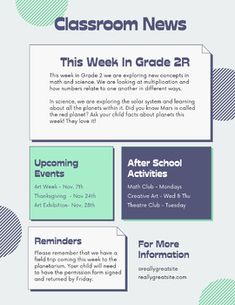 the classroom news flyer for this week in grade 2 and 4, with information about upcoming activities