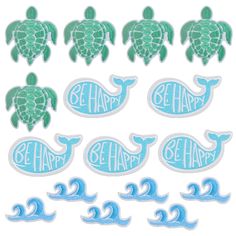 sea turtle stickers with the words be happy and dolphins in blue on white background