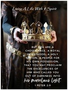 a woman holding a golden crown in her hands with a bible verse written on it