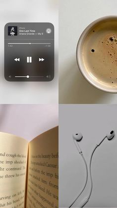 an open book with headphones on it next to a cup of coffee and earbuds