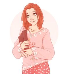 a drawing of a girl with red hair and pink shirt holding a book in her hands