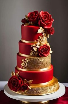 a three tiered red and gold wedding cake with roses on it's side