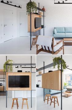 four different views of a living room with furniture