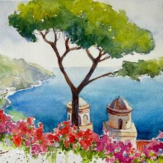 watercolor painting of flowers and trees by the ocean