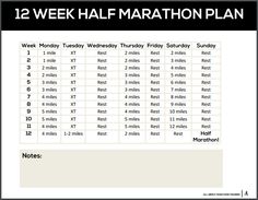 the 12 week half marathon plan is shown in black and white, with numbers on it