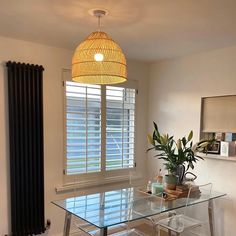 a glass table with some plants on it in front of a window and a radiator