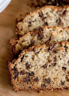 slices of chocolate chip banana bread on a cutting board