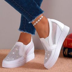 Category:Slip-Ons,Sneakers; Upper Materials:Mesh; Embellishment:Rhinestone; Season:Spring,Fall; Heel Type:Wedge Heel,Hidden Heel; Gender:Women's; Size Suggestion:select two sizes larger than usual; Activity:Walking; Toe Shape:Round Toe; Style:Sporty,Casual,Comfort,Fashion,Minimalism; Heel Height(inch):2-3; Outsole Materials:Rubber; Occasion:Daily; Closure Type:Loafer; Pattern:Solid Color,Glow in the Dark,Galaxy; Listing Date:06/30/2023; Production mode:External procurement; 2024 Trends:Platform Sneakers,Slip-on Sneakers,Height Increasing Shoes,Comfort Shoes,Wedge Heels; Foot Length:; Foot Width:; SizeChart1_ID:2:184043; Size chart date source:Provided by Supplier.; US Size:null; UK Size:14.5; EU Size:50 White Slip On Sneakers, Style Sportif, Wedge Loafers, Sporty Casual, White Slip, Sneakers Online, Designer Heels, Platform Sneakers, Minimal Fashion