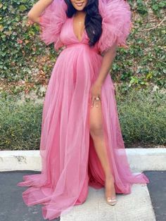 Momyknows Pink Tulle Ruffle V-neck Slit Photoshoot Plus Size Maternity Maxi Dress Photoshoot Plus Size, Babyshower Dress, Plus Size Gown, Plus Size Maternity, Photoshoot Style, Maternity Maxi Dress, Plus Size Gowns, Fall Decoration, Maternity Maxi