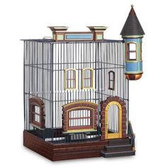 a birdcage with two windows and a clock on the top is shown for scale