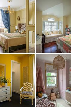 four different rooms with yellow walls and furniture