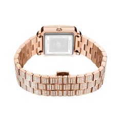 Wrap your wrist in endless shimmer with this ladies' Cristal Square watch from Jbw. In 18K rose gold-plated stainless steel, this timepiece features a square-shaped dial encrusted with crystal, rose-toned markers and hands, crystal-lined bezel and mineral crystal in 28.0mm octagon-shaped case. With 1/8 ct. t.w. of diamonds punctuating the markers, this design sparkles with glamour. The reliable Swiss quartz movement ensures accurate time keeping. The 18K rose gold-plated stainless steel bracelet glistens with crystal-adorned square-shaped links and secures with a deployment clasp. Water-resistant to 30 meters, this watch comes with a two-year limited manufacturer warranty. Elegant Rose Gold Diamond Watch With Bracelet Strap, Rose Gold Diamond Watch With Round Dial For Evening, Formal Rose Gold Diamond Watch With Bracelet Strap, Evening Rose Gold Quartz Watches, Rose Gold Diamond Watch With Bracelet Strap, Rose Gold Diamond Watch For Anniversary With Rectangular Dial, Rose Gold Diamond Watch With Rectangular Dial For Anniversary, Formal Rose Gold Diamond Analog Watch, Elegant Rose Gold Diamond Analog Watch