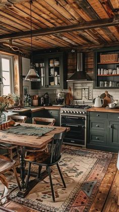 a rustic kitchen with wooden floors and green cabinets, an area rug on the floor