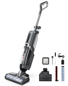 the vacuum cleaner is set up with all its accessories