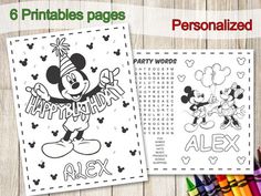 mickey mouse birthday coloring pages with markers and crayons on the table next to it