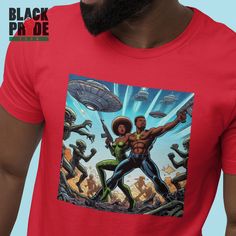 Embrace the dynamic world of Black pop culture art with our "Heroes of Earth" t-shirt. This urban pop art piece features a striking, comic book-style illustration of a powerful Black man and woman valiantly fighting off alien invaders. Perfect for fans of African pop art and comic book shirts, this vibrant design captures the essence of unity and strength in the face of otherworldly challenges. Add a bold statement to your wardrobe with this unique pop art t-shirt, celebrating heroism and cultural pride! UNISEX SIZES (Women are recommended to get a size smaller than usual. See Size Guide below) Black T-shirt With Cartoon Print In Pop Culture Style, Black Pop Culture T-shirt With Graphic Design, Cheap Pop Culture T-shirt With Custom Artwork, Black Pop Culture T-shirt For Comic-con, Cheap Pop Culture T-shirt For Comic-con, Pop Culture Multicolor Graphic T-shirt, Alien Invader, Multicolor Pop Culture Graphic T-shirt, Comic Book Style