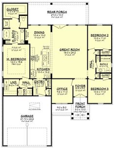 the first floor plan for a house with two master suites and an attached garage area