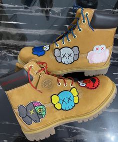 Custom Kaws Timberlands 100% Authentic Designer Lace-up Boots For Streetwear, Custom Timberland Boots, Timberland Custom, Timberland Leather Boots, Cute Uggs, Custom Shoes Diy, Outfits With Jeans, Cute Outfits With Jeans, Nike Fashion Shoes